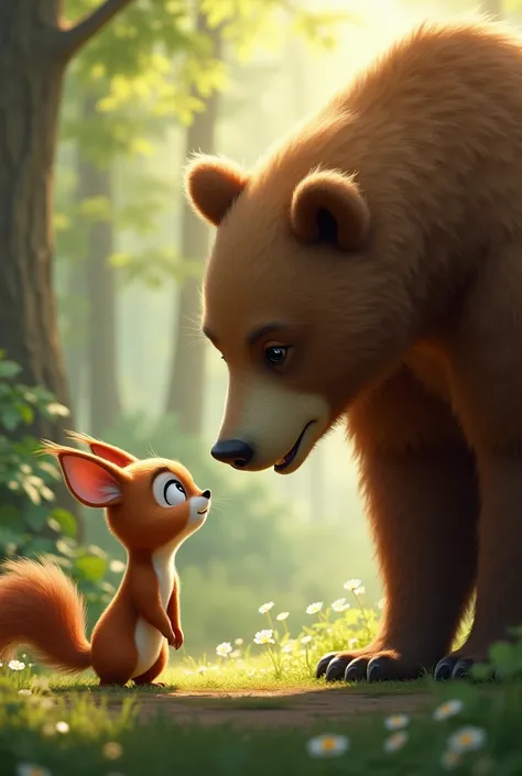 Squirrel approaching Bear with a warm, understanding smile on her face.