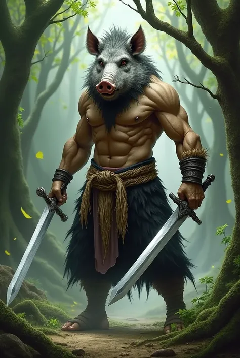 A man with the head of a boar, holding a sword in each hand, his skin is beige, he is wearing black pants and straw around his waist, and the background is a forest. The boar&#39;s hair is gray.