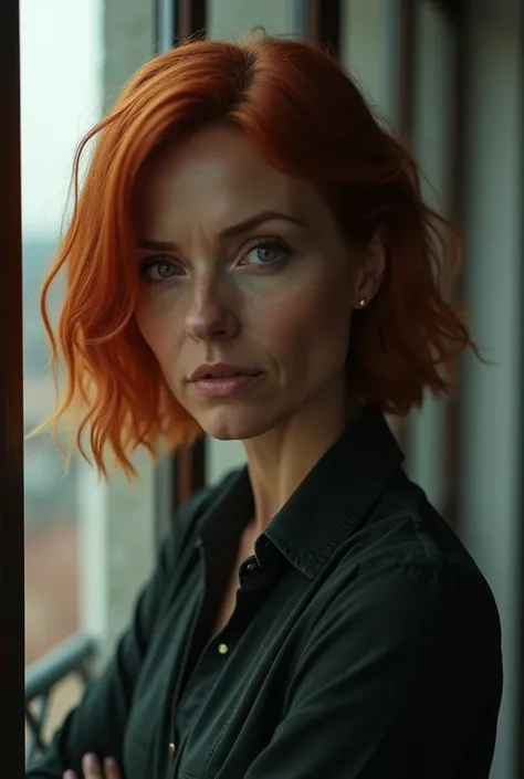 A 40-year-old lady with dark orange hair and a serious expression, somewhat wide and admiring from a balcony 