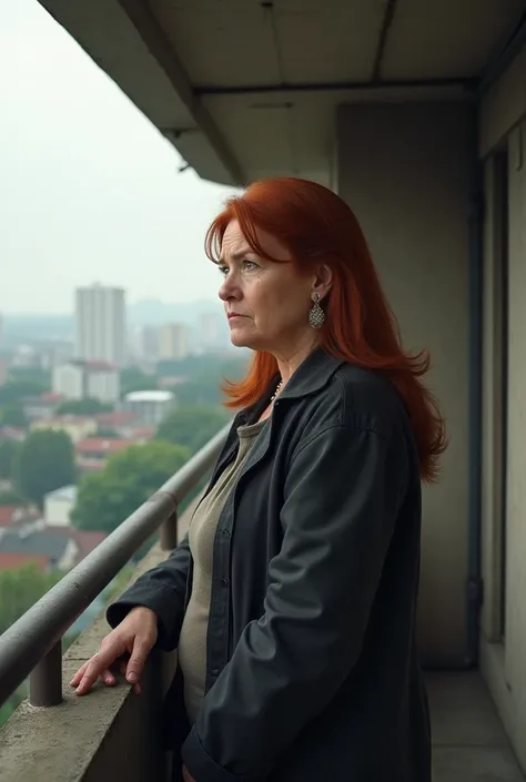 A 40-year-old lady with dark orange hair and a very serious expression, a little chubby and admiring from a balcony 