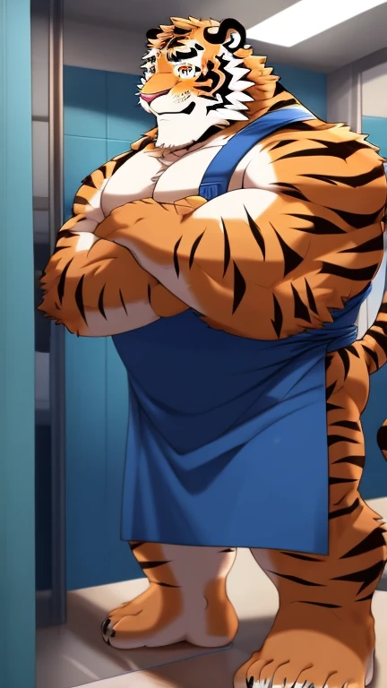 anime style, aid210, nj5furry, ((whole body)), ((apron)), standing, ((plump middle-aged tiger man)), break ((brown eyes)), one e...