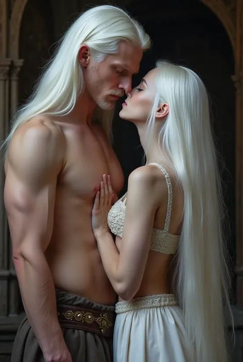 Make a young girl with long white hair, pale white skin, purple eyes, the curvature of your body is very attractive 
Next to her is a man, tall, strong, big white-haired, purple-eyed, the man is extremely handsome and attractive 
she is very short compared...