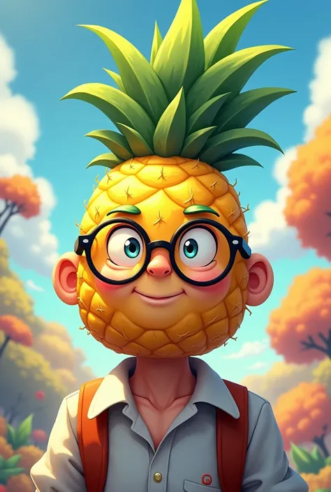 Generate an image of a pineapple-headed man with glasses .With the style of Anime.