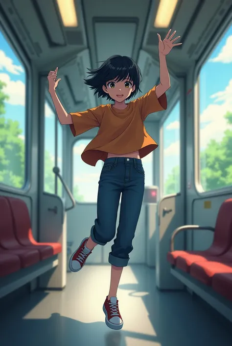 Anime girl with short black hair and boy-like clothes at the age of 18 dancing on the train and doing somersaults 
