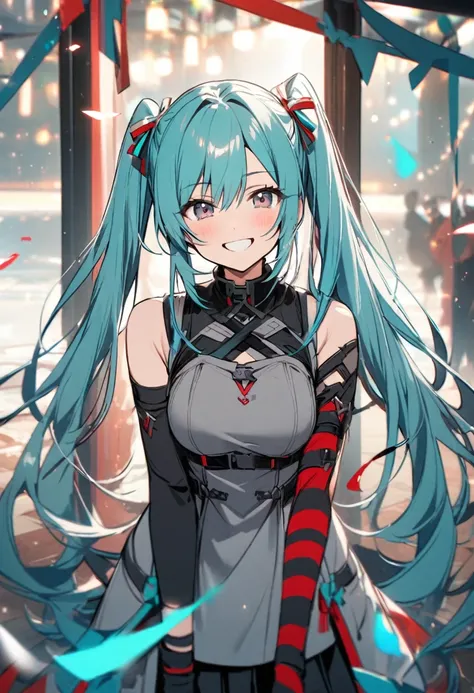 Twin tails、Long Hair、Turquoise Hair、Smiling、Grey sleeveless shirt、Black pleated skirt、Black arm warmers with red stripes、One Girl