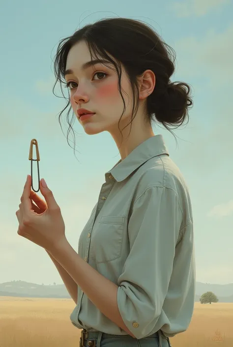 art featuring a girl holding a safety pin could depict a young girl, perhaps in her late teens, standing in a quiet, serene setting. She could be holding the safety pin delicately between her fingers, her expression thoughtful or introspective. The backgro...