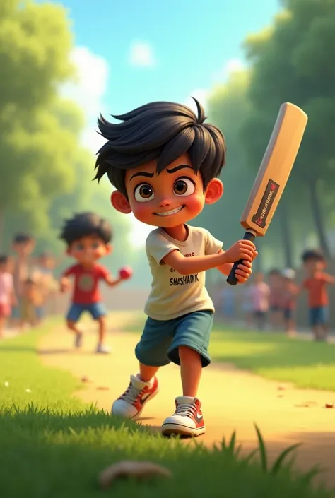 A boy name writing shashank in his t shirt playing cricket with his partner 