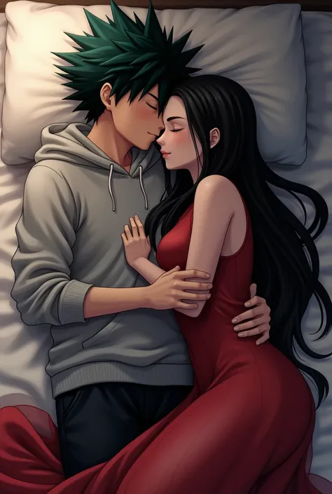 Bakugou from mha wearing a grey hoodie and a black sweatpants, and a girl with very long jet black hair, with glasses, wearing a red long see through dress. laying in bed together while bakugous face in pressed up against her neck as they sleep. 