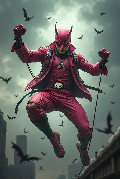 Malaysia man in high-tech suit, vivid effects, malaysian superhero (KELUANG MAN) in a striking pink and beige costume cyberpunk design, mask small mini bat ear beige, daredevil beige mask, jumpsuit dark pink stands confidently in a dramatic.jumping from hi...