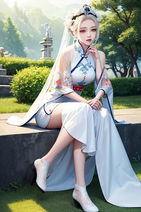 A woman in a white dress is sitting on the floor，White Hanfu，palace，Girl wearing Hanfu，Hanfu，Dressed in ancient Chinese costumes，Gurwitz，Ethereal Beauty，Guttweiz-style artwork，Beautiful fantasy queen，Chinese traditional clothing，Chinese clothing，Chinese tr...