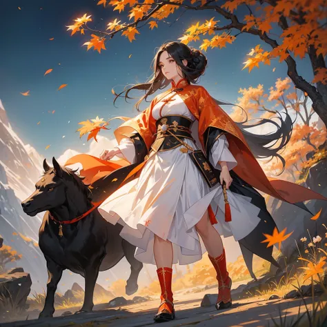 a beautiful woman black-haired male general holding a large sword in white ancient Chinese general costume, walking In the middle of a spring mountain ,the backdrop is a mountain that turns orange-red in spring, and maple leaves fall from the trees.