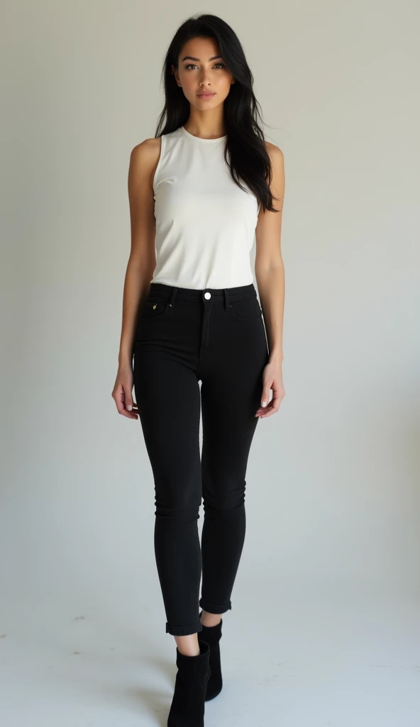 young woman using a white sleeveless top. black tight pants. black suede heeled booties. Instagram style photo, detailed face, UHD, front view. full body shot. bright skin. sexy. medium height. thick legs. High quality. High LOD. black straight hair. offic...