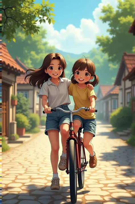 Girls on the bike, in the village