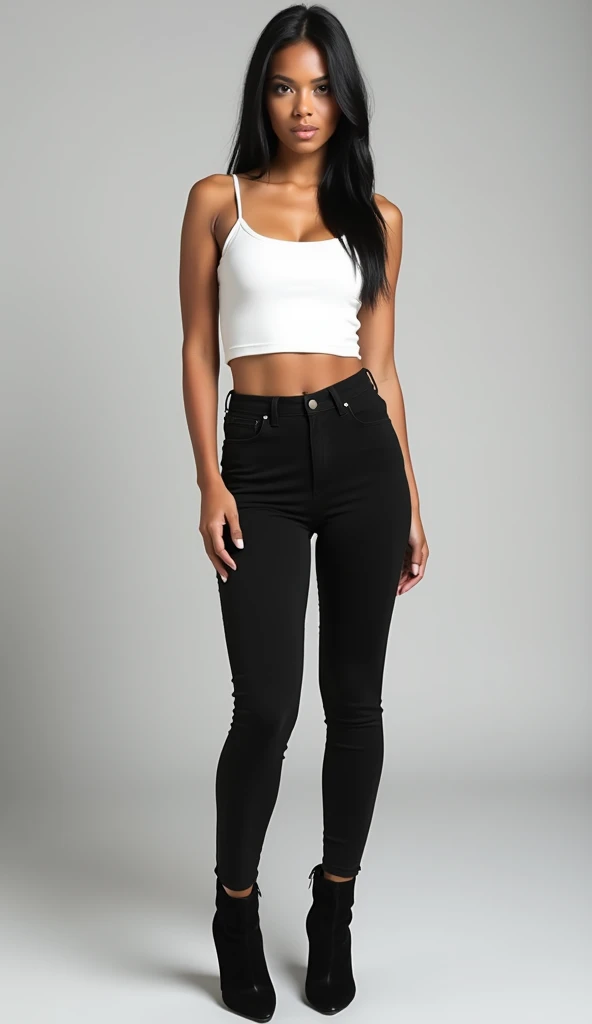 young woman using a white sleeveless top. black tight pants. black suede heeled booties. Instagram style photo, detailed face, UHD, front view. full body shot. bright skin. sexy. medium height. thick legs. High quality. High LOD. black straight hair. offic...