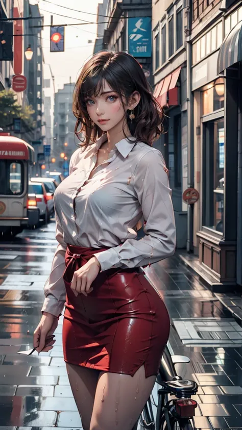 Cafe photo, Wet roads, building, Busy Street, cycle, garbage, Nostalgia, super high quality, Super detailed,2 woman、Sexy proportions、Sexy、Narrow waist