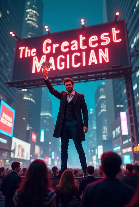 Scene 3: Maxs Rise to FamePrompt: "A bustling cityscape at night, with towering skyscrapers adorned with bright neon lights. Max is on a massive billboard, holding the glowing deck of cards, with the words The Greatest Magician in bold letters. Crowds gath...