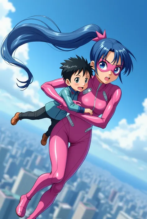 A 1 anime girl with blue hair and eyes, a long ponytail, wearing a pink hero suit, flying in the air in the flying suit, wearing a mask over her eyes, holding a boy the same age as her and flying with him. 
