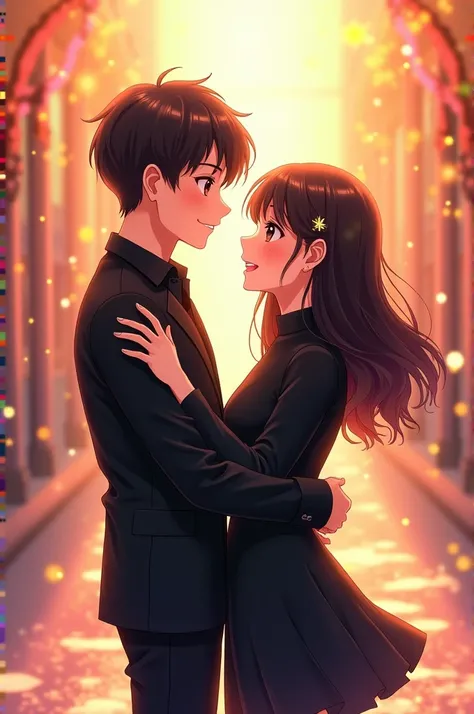 Anime cute couple, black outfit, happiness