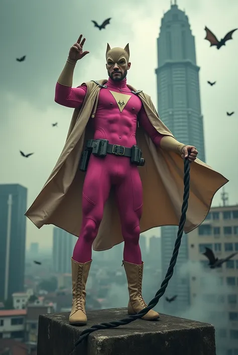 Malaysia man in high-tech suit, vivid effects, malaysian superhero (KELUANG MAN) in a striking pink and beige costume cyberpunk design, mask small mini bat ear beige, daredevil beige mask, jumpsuit dark pink stands confidently in a dramatic.jumping from hi...