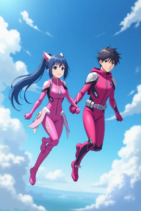 A 1 anime girl with blue hair and eyes in a long ponytail wearing a pink hero suit and flying in the air in the flying suit and wearing a mask over her eyes and holding the hand of a young man the same age and flying with him 
