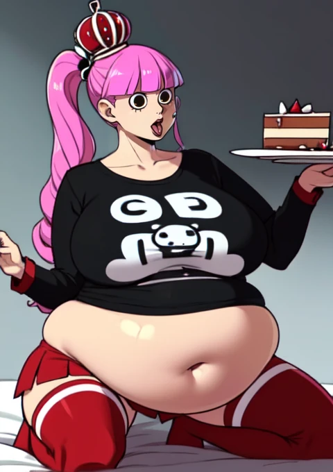 (masterpiece, best quality), 1girls, big belly, blurry background, huge belly, art by kipteitei, round belly, chubby, curvy, pink pony tails, red mini skirt, black and white striped thighhighs, simple_background, gradient_background, belly bursting out of ...