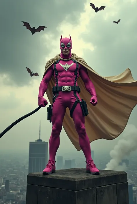 Malaysia man in high-tech suit, vivid effects, malaysian superhero (KELUANG MAN) in a striking pink and beige costume cyberpunk design, mask small mini bat ear beige, daredevil beige mask, jumpsuit dark pink stands confidently in a dramatic.jumping from hi...