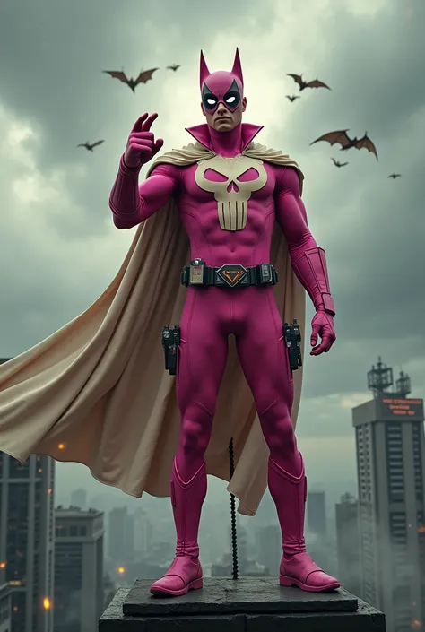 Malaysia man in high-tech suit, vivid effects, malaysian superhero (KELUANG MAN) in a striking pink and beige costume cyberpunk design, mask small mini bat ear beige, daredevil beige mask, jumpsuit dark pink stands confidently in a dramatic.jumping from hi...