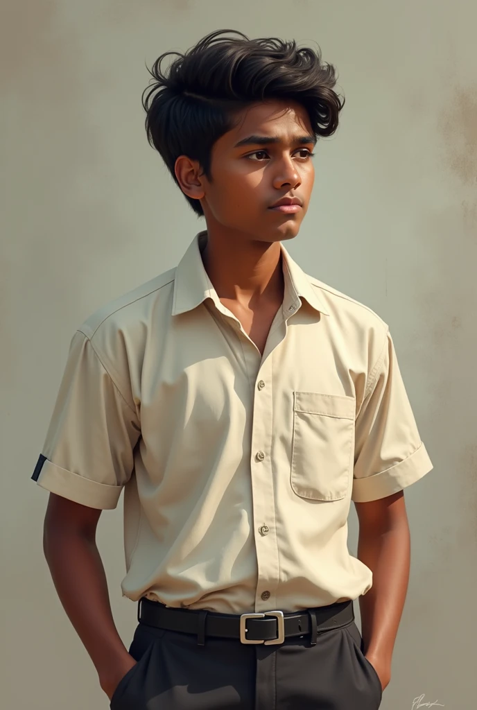 16 year boy dark skin decent look wearing Indian school uniform 