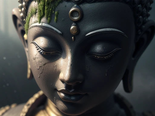 (buddha statue face),covered in moss,(strong shadows:1.3),water vapor,(horror style),(curse:1.3),(soul:1.3),(ultra realistic 8k ...