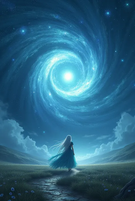 landscape、Queen in dress made of veil of starry night、Long grey hair、Beautiful girls、One girl、cute、Beautiful Princess、Realistic、8k、Dragging her very long hem、Vortex of Light、Traversing the Earth Below。Surrounded by shining stars、Whirlpool、While she walks、T...