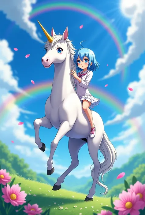 Konata Izumi from Lucky Star riding on a unicorn in paradise with rainbows in the background