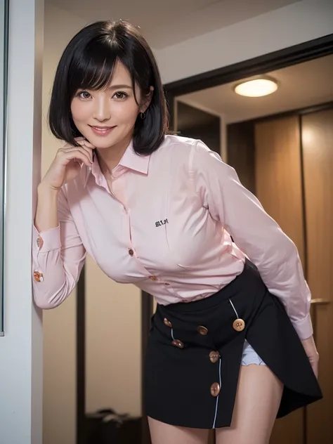 (Highest quality:1.5)、(masterpiece:1.5)、(8k:1.5)、(very small flat chest:1.5)、(Sleeveless, tight, light pink business shirt:1.5)、(A skirt so short that you can almost see her panties:1.5)、(Slender:1.5)、(Blushing:1.5)、(smile:1.5)、(whole body)、(Thin and beaut...