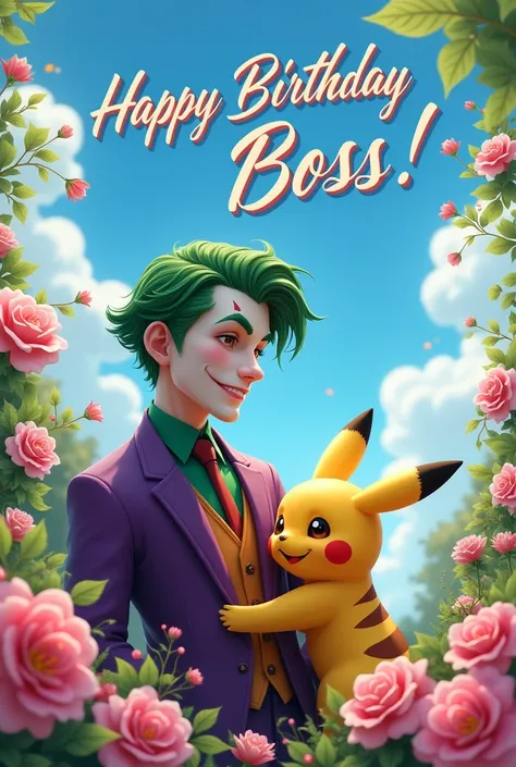 In realistic handsome boy joker and cute pikachu stand in pink flower garden and on sky written happy birthday boss 