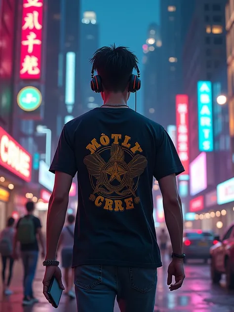 A cinematic medium shot of a Generation Z dude walking down a neon-lit city street. He is wearing a T-shirt with the text "Mötley Crüe" on it, cordless Bluetooth headphones, and carries a sophisticated smartphone. The background is a vibrant cityscape with...