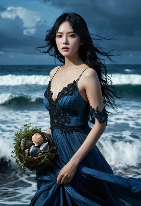 (1 character), genius extremely beautiful idol lady Keiko, (long blue and black hair), brown eyes, beautiful face), 1 genius extremely beautiful idol girl Keiko, long sideburns, plants, long blue dress, 3d, dark ocean, water, blue Ball, sea shells, windy, ...