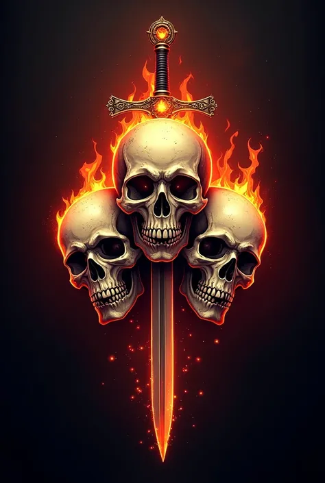 a logo icon of three skulls with eternal flames of passion with sword of dignity in seven deadly sins
