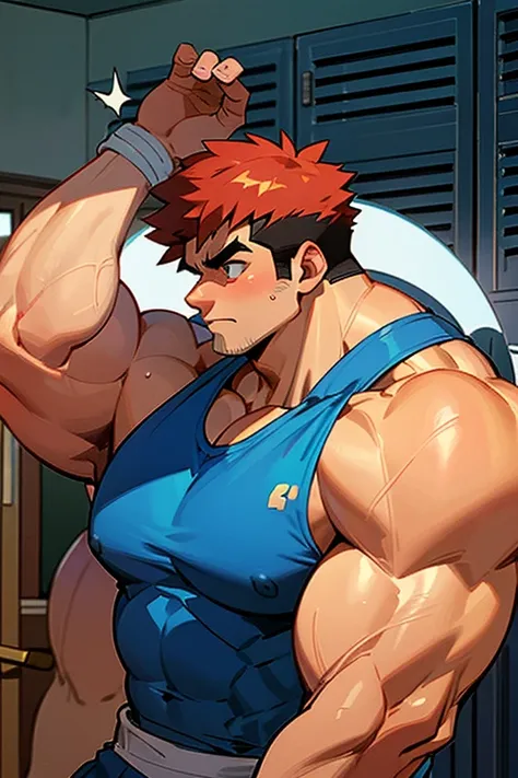 ash ketchum from pokémon anime as a big dumb teenage muscular bodybuilder jock in a locker room flexing and staring blankly with...