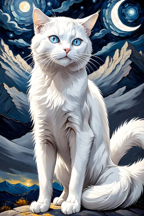 drawing majestic white cat in a starry night sky looking straight at you, oil printing, van gogh style, dramatic lighting, pierc...