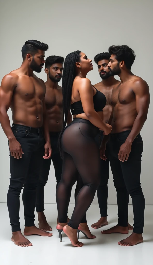 hot slim curvy white south indian milf with long single plaited hairstyle, big breast, big hip, very big ass, thick thighs, woman wearing crop top and leggings, bending over, sexy pose, group of black man standing back of woman, in white blank room, 