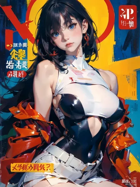 (masterpiece:1.2, Highest quality), (Magazine Cover), (たくさんの文字が書かれたカラフルなMagazine Cover), Vibrant colorsの絵画, Comic Cover Style,(Highest quality, High resolution:1.2), One person, Beautiful attention to detail, Beautiful lip detail, Very detailed目と顔, Long ey...