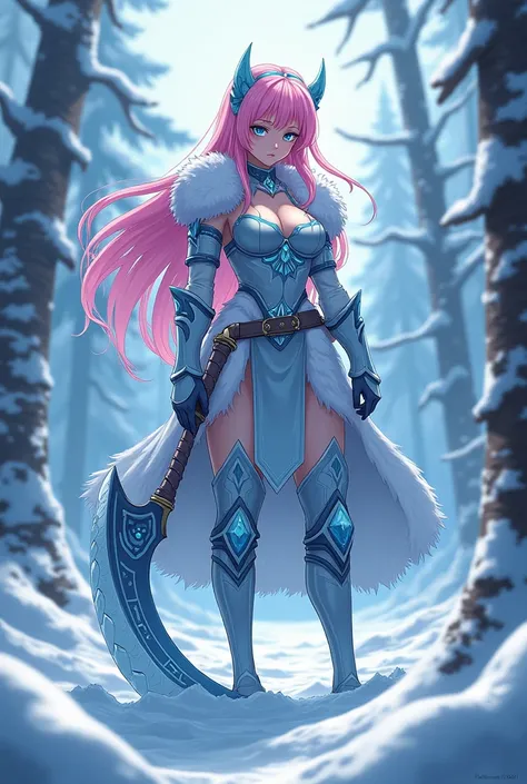 4K anime style quality, digital drawing mode, arctic-themed anime female character, pink hair with a hint of blue, icy blue eyes, wearing fur-lined armor with snowflake patterns, carrying a  scythe frost-edge, standing in a snowy forest with towering pines...