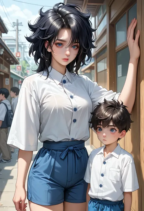 • fubuki: A 1 junior high school japanese student. Intelligent, curious, but feeling isolated.(a boy, age 15), detailed eyes, detailed face, black hair, cool hair, wears a white uniform and blue shorts, with a height of 1.3 meters