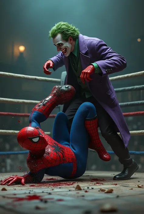 Spiderman fall at boxing land with blood and joker hitting his face by his leg