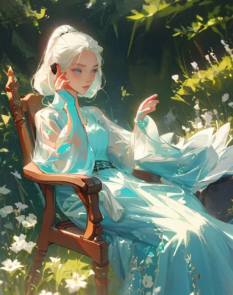 Premium sense figure of a beautiful woman sitting on a chair in the park and listening to a song with headphones