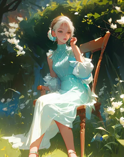 Premium sense figure of a beautiful woman sitting on a chair in the park and listening to a song with headphones