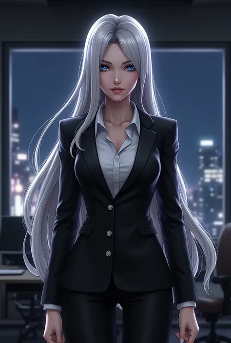 Create a realistic, photorealistic image of Mature from "The King of Fighters." She is depicted as a tall, elegant woman with long, silver hair cascading down her back. Her eyes are piercing blue, and her skin is pale and flawless. She is dressed in a slee...