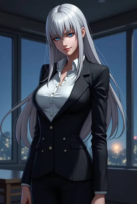 Create a realistic, photorealistic image of Mature from "The King of Fighters." She is depicted as a tall, elegant woman with long, silver hair cascading down her back. Her eyes are piercing blue, and her skin is pale and flawless. She is dressed in a slee...