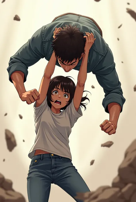 struggle, girl vs man,anime art, The girl lifted and held the man high above her head, one hand holds the man by the groin