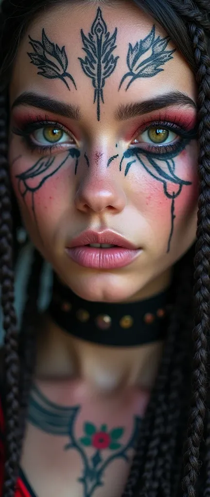 a close up of a woman with tattoos on her face, fractal punk, braid hair, matte painting portrait shot, beautiful female, pink fair skin, she is dressed in shaman clothes, cryptopunk, heavy makeup, 