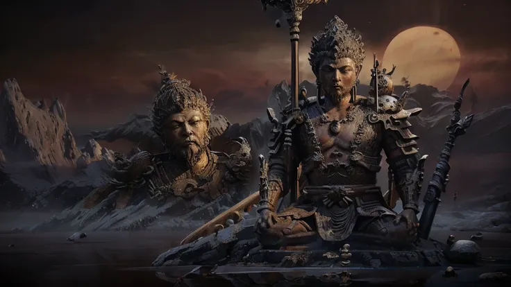 the huge buddha statue made of water is gazing at the very tiny sun wukong，black myth wukong character，wearing complicated armor...